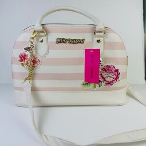 Betsey Johnson White Pink Striped Satchel Crossbody Handbag *New with Flaws*